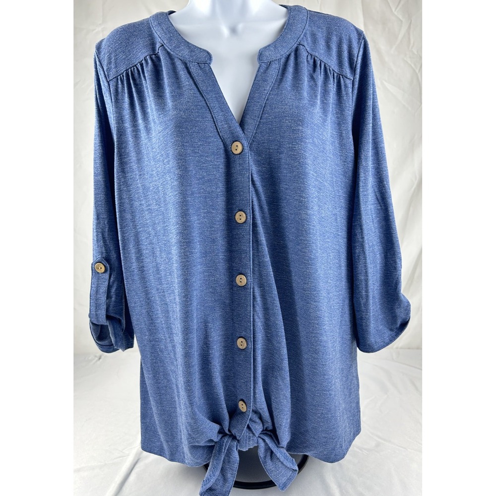 Fortune & Ivy Blue Button Front Top Womens Large Tie Front Roll Tap Sleeve Large